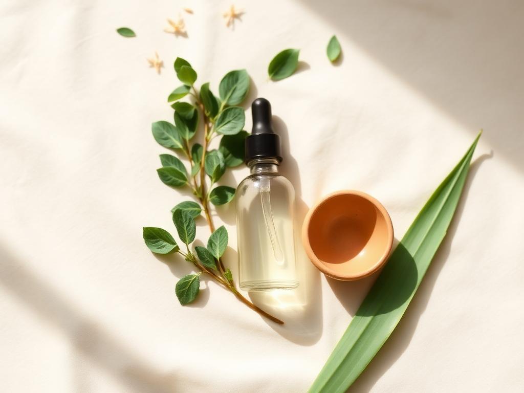 Natural skincare botanicals arranged on a soft cream surface